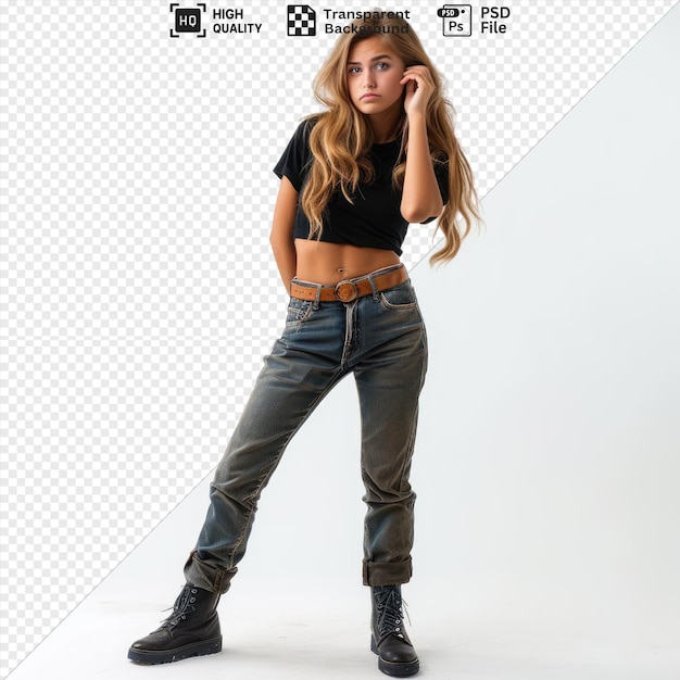 PSD transparent background unsure young caucasian woman keeping hand waist looking camera while wearing blue jeans brown belt and black boots with long hair flowing png