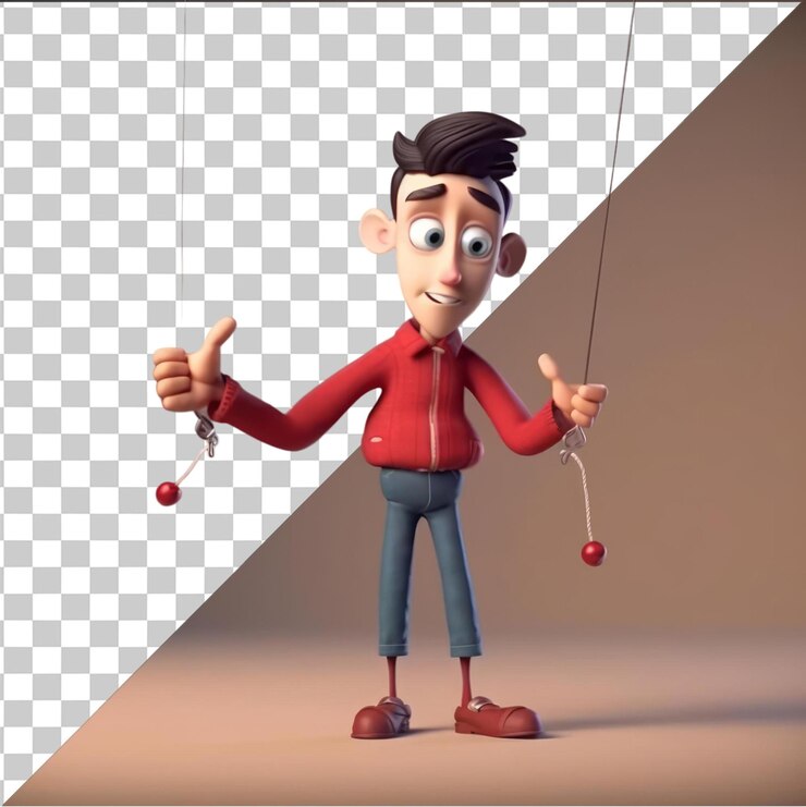PSD transparent background with isolated 3d puppeteer cartoon controlling marionette strings