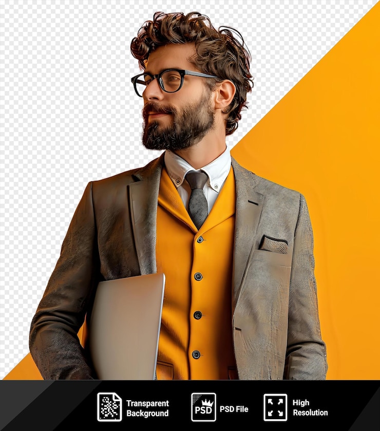 PSD transparent background with isolated a young businessman going to work with a laptop in hand png