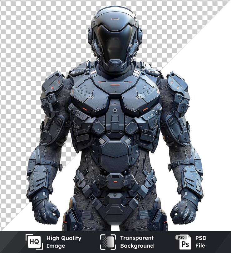 PSD transparent background with isolated hyperealistic high quality cyber soldier in a suit of armor