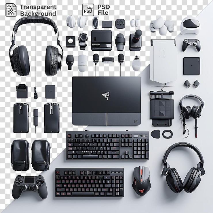 PSD transparent background with isolated professional gaming gear set featuring black headphones a black keyboard and a black mouse on a transparent background
