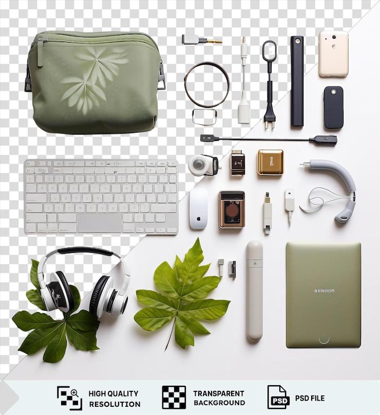 PSD transparent digital marketing tools and gadgets set on a transparent background including a white keyboard black headphones and a green bag