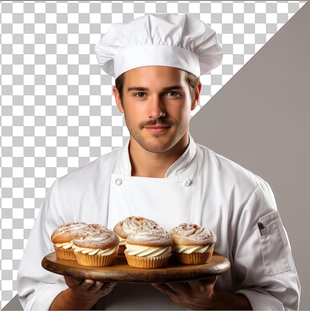 PSD transparent object realistic photographic baker _ s pastry chef creations a white man wearing