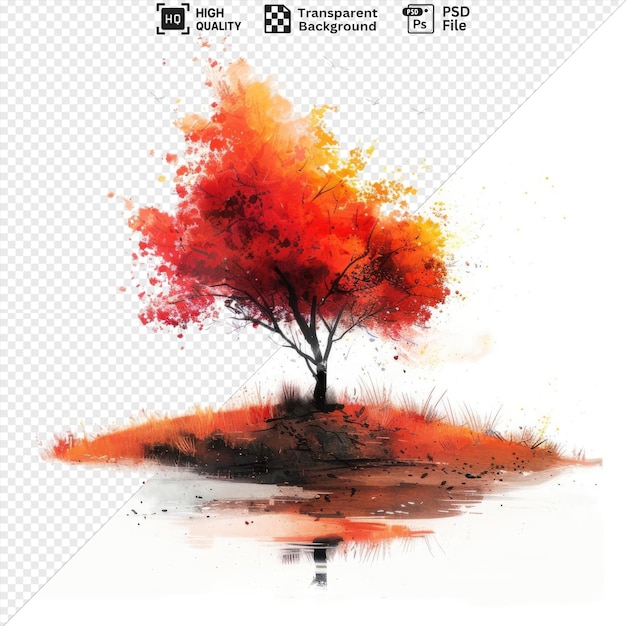 PSD transparent of peaceful watercolor autumn night on isolated background featuring a brown trunk orange tree and flying bird against a white sky