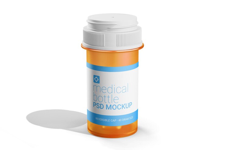 PSD transparent plastic medicine vial bottle with reversible cap realistic editable mockup template