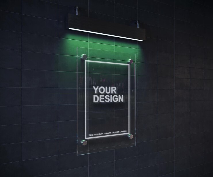 PSD transparent plate in front of black tile wall