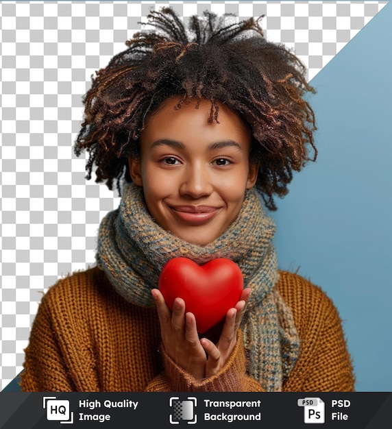 Transparent premium psd bild attraktiv lächelnde afrikanisch-amerikanische frau mit rotem herzen in ihren händen
