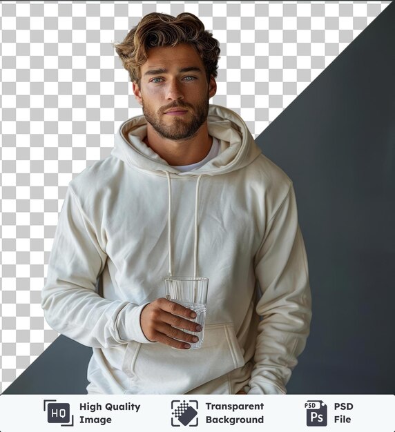 Transparent premium psd bild ein hübscher mann steht in einem weißen hoodie hält ein glas in der hand und reicht sich zu ihm mit seinem gesicht einatmen das aroma des trinkens horizontale studio photogr