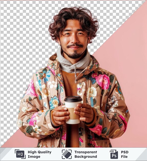 Transparent premium psd imagen maqueta de un joven con un teléfono inteligente y café en las manos de pie frente a una pared rosada tiene cabello castaño rizado una nariz grande y