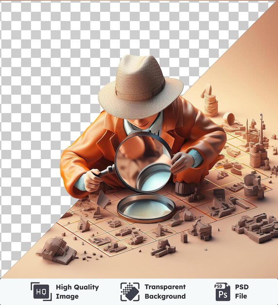 PSD transparent psd imagen 3d detective resolviendo un misterio hombre con un sombrero marrón y gris se encuentra frente a una pared blanca con un juguete cerca