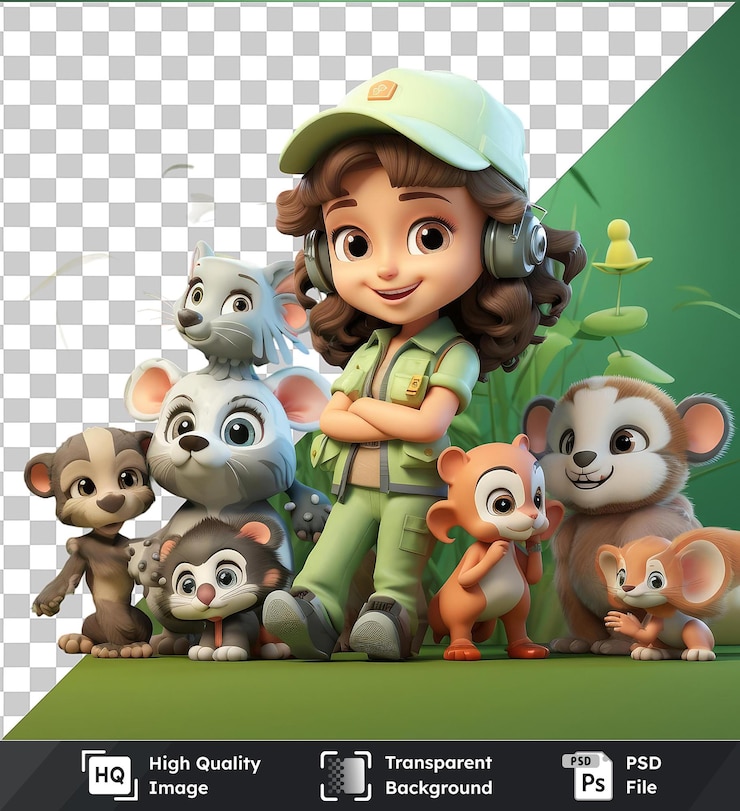 PSD transparent psd imagen 3d zookeeper dibujos animados cuidado de adorables bebés animales una muñeca con cabello marrón y un sombrero verde se encuentra frente a una pared verde mientras un ojo marrón se asoma