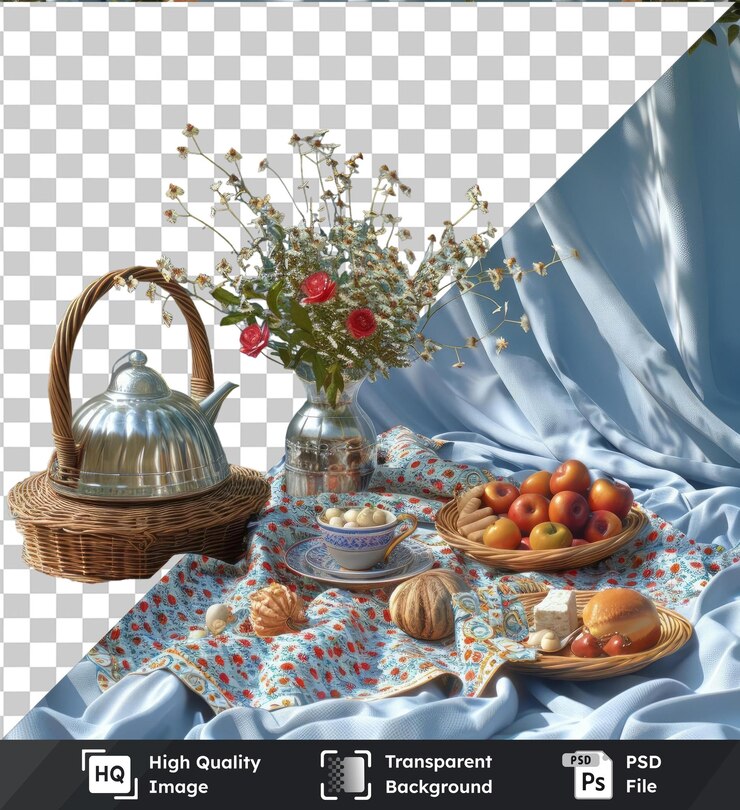 PSD transparent psd imagen eid temática manta de picnic para ramadán con una canasta de mimbre llena de flores rojas y rosas un cuenco blanco y azul y un mango marrón