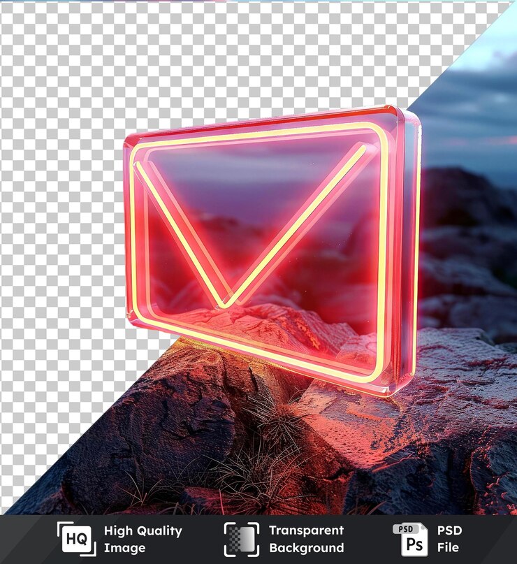 PSD transparent psd imagen notificatibells maqueta con número de mensajes en una roca roja puesta contra un cielo azul con un letrero rojo y una roca rojiza y gris en el fondo