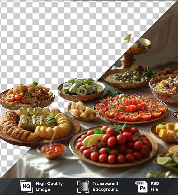 PSD transparent psd imagen ramadan comunidad iftar comida servida en un fondo transparente acompañada de un cuenco marrón un tomate rojo y un frasco de vidrio