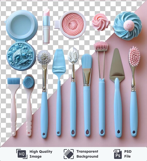 PSD transparent psd picture custom cake decorating tools set displayed on a pink wall featuring a variety of brushes in blue white and pink as well as a white and blue plate