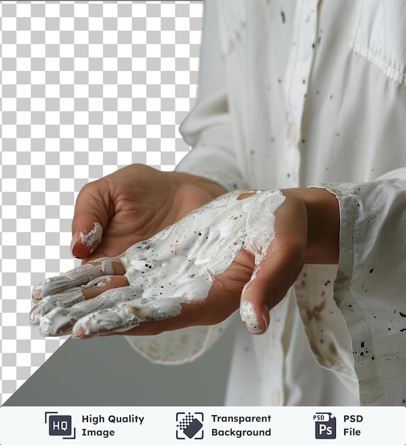 PSD transparent psd picture female hand showing spilled cosmetics on a white shirt high quality photo