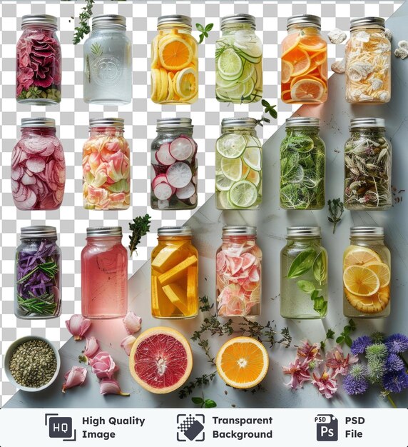 Transparent psd picture home pickling and fermenting set con una variedad de flores coloridas, incluidas flores rosadas, púrpuras y azules, así como naranjas y limones en rodajas