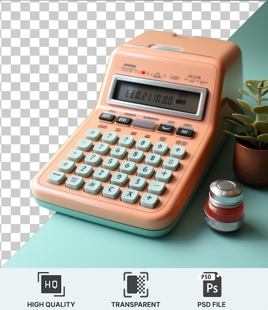 Transparent psd una vieja calculadora se sienta en una mesa azul rodeada por una variedad de flores y plantas de colores incluyendo una flor de naranja una planta verde y una olla marrón