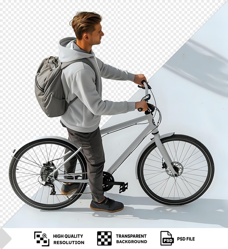 PSD transparente atlético atlético caucasiano com sua bicicleta carregando uma mochila cinzenta vestindo calças castanhas e cinzentas e sapatos pretos com cabelo castanho curto e uma mão visível em primeiro plano png