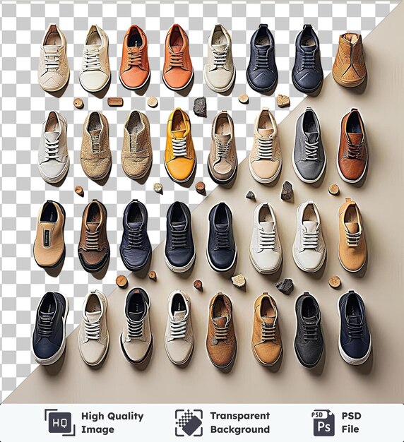 PSD transparente designer-schuhkollektion set eine sammlung von schuhen in verschiedenen farben und stilen, darunter weiß, braun, blau, grau, orange und schwarz, von links nach rechts angeordnet
