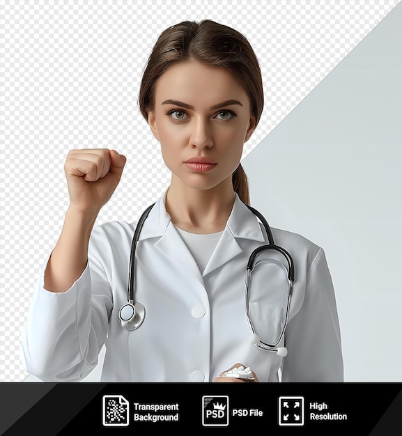 PSD transparente de estricto mostrando puño sosteniendo pastillas joven médica con uniforme fith estetoscopio mostrando los pulgares hacia la cámara