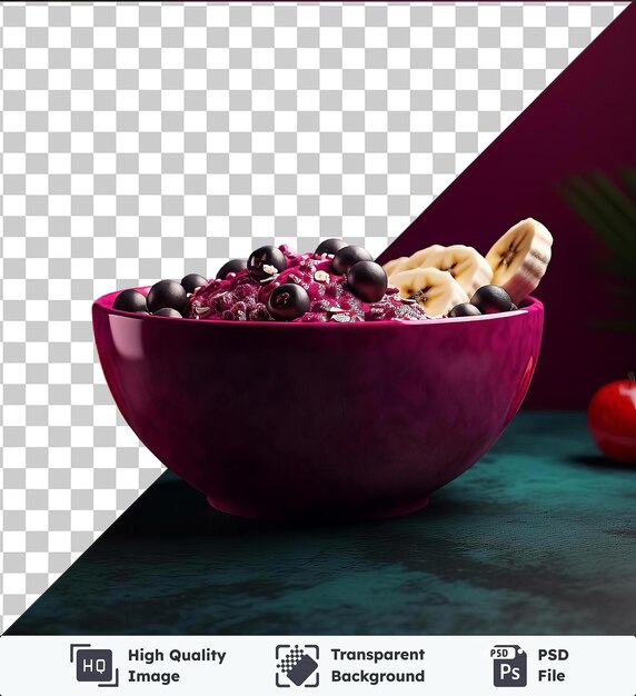 PSD transparente foto de psd fruitosa tigela de acai em mesa verde com banana amarela madura e maçã vermelha acompanhada por uma folha verde contra uma parede roxa