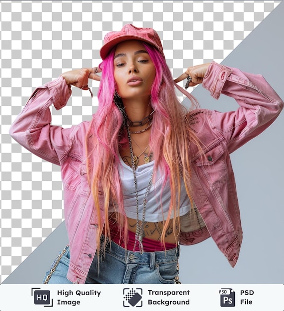 PSD transparente foto psd corpo inteiro jovem mulher de vinte anos com cabelos rosados coloridos brilhantes em camisa rosa chapéu fazendo dab dança hip hop mãos mover gesto pessoas estilo de vida fa