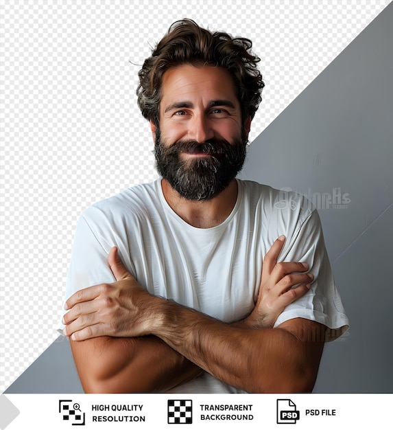 PSD transparente hombre guapo con barba con los dedos cruzados y deseando lo mejor de pie frente a una pared gris y blanca con una camisa blanca y con un brazo peludo y la mano visible