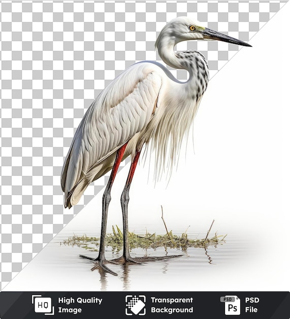 PSD transparente imagem psd fotográfica realista naturalistas observação da vida selvagem um pássaro branco com um bico longo e pernas está em água calma seu reflexo visível abaixo