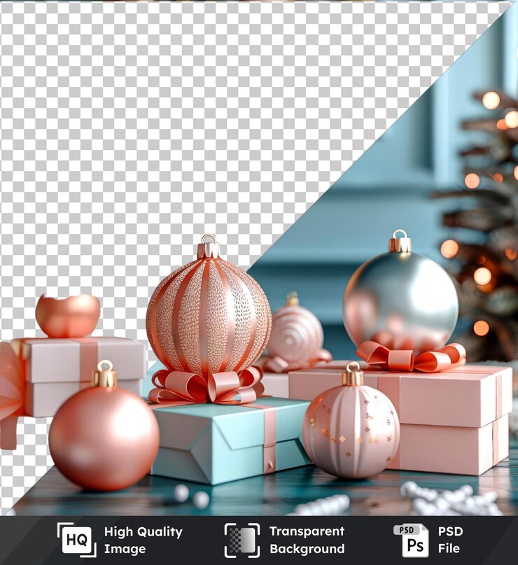 PSD transparente imagen premium psd de adornos de navidad cajas de regalos y una maqueta de árbol de navidad en un