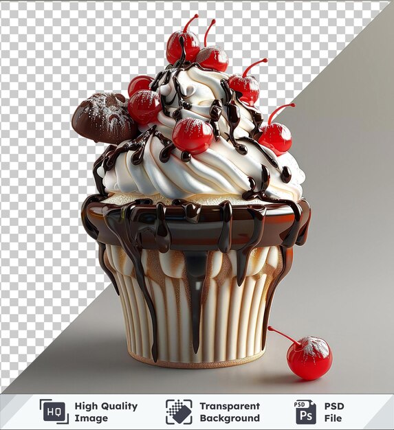 PSD transparente imagen premium psd deliciosos helados de chocolate con cerezas y crema batida servidos con un lado de cerezas rojas y una sombra oscura en el fondo