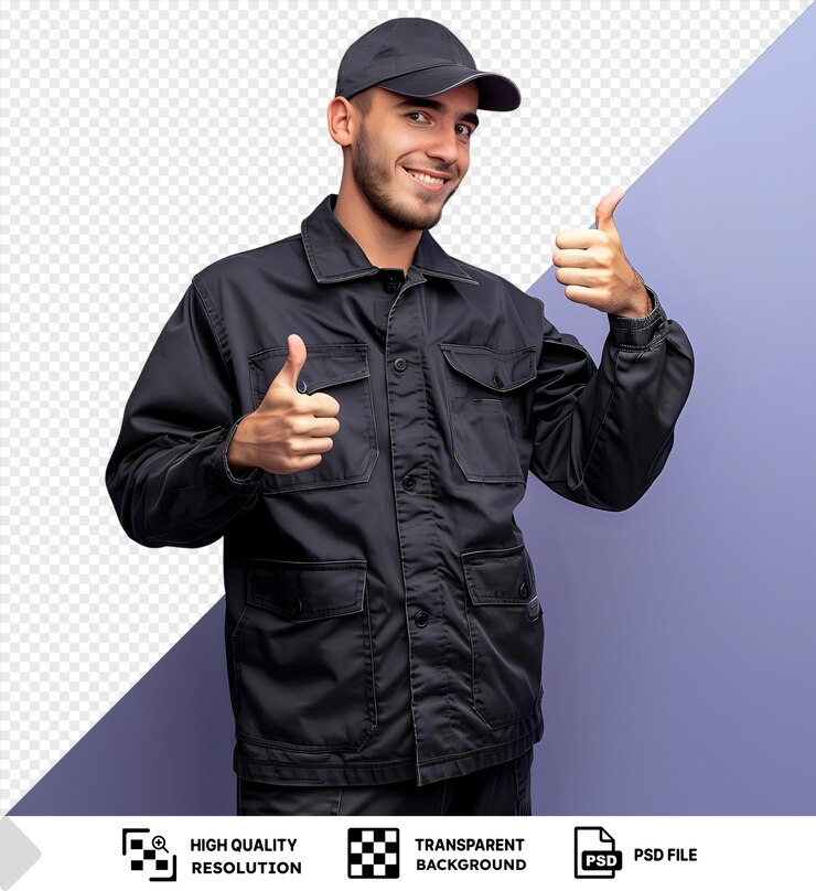 PSD transparente de joven repartidor divertido con uniforme y gorra mirando hacia el lado mostrando un fuerte gesto y el pulgar hacia arriba