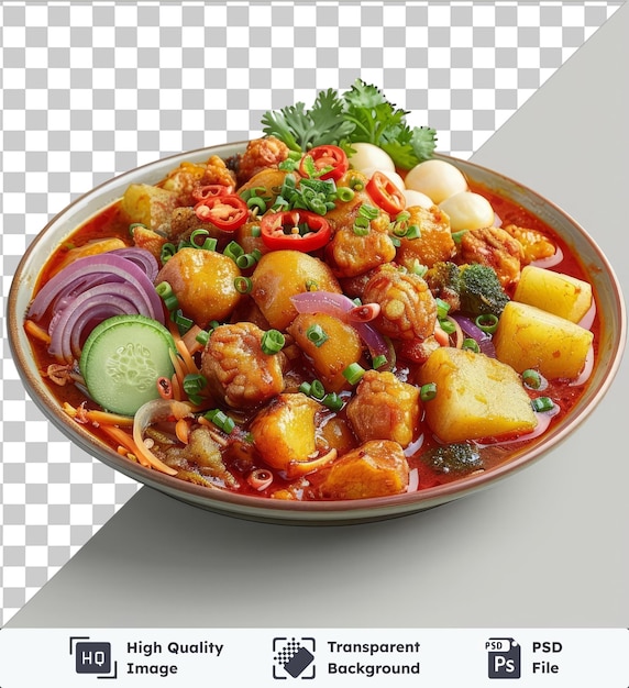 Transparente plato de imagen psd de lontong sayur para el eid al fitr con una variedad de verduras coloridas, incluidas cebollas púrpuras y rojas un pimienta roja y un blanco