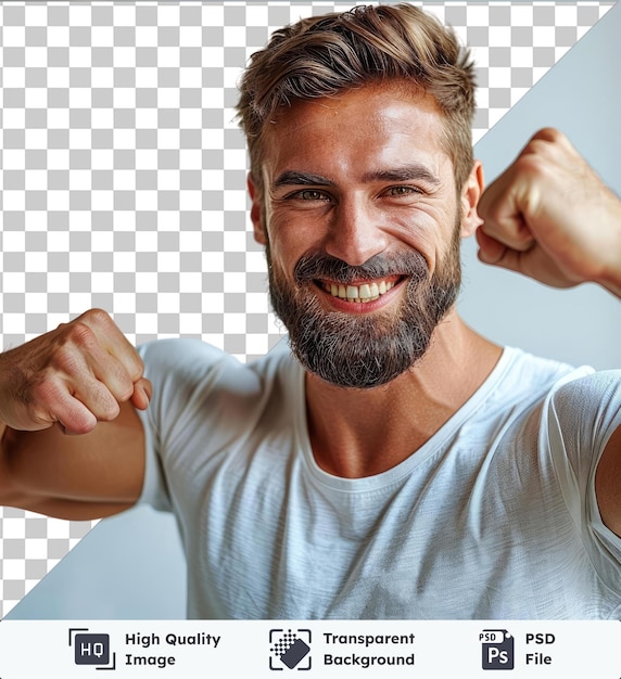 PSD transparente psd imagem close-up retrato de atraente conteúdo alegre homem poderoso demonstrando proteína bíceps com os braços levantados no ar