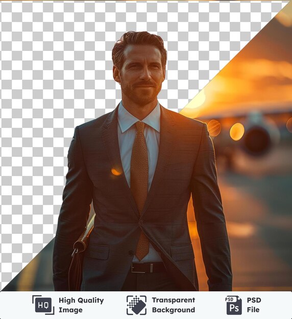 PSD transparente psd imagen concepto de viaje de negocios con hombre de negocios de pie frente a un avión con una camisa blanca corbata marrón y cinturón negro con cabello corto marrón y un ojo abierto de pie