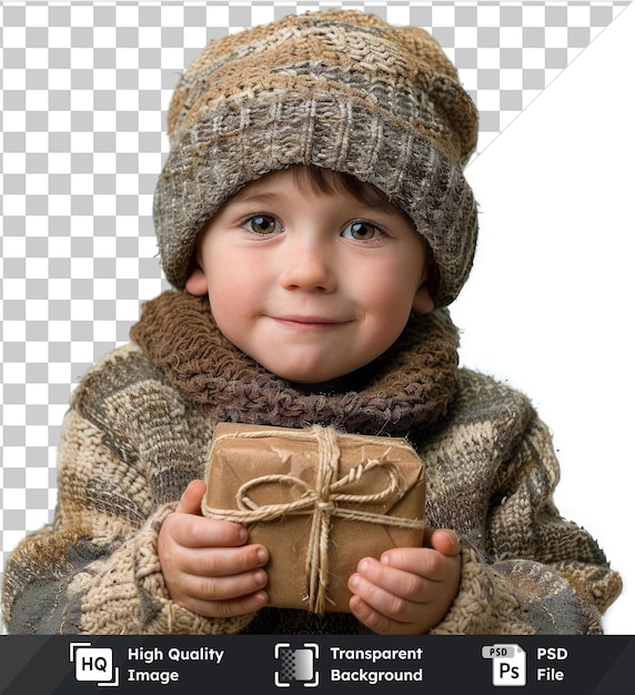 Transparente psd imagen del niño pequeño con un regalo en las manos aislado en blanco