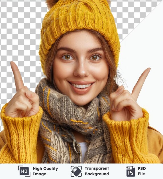 Transparente psd imagen retrato de elegante mujer muy sonriente con bufanda y sombrero amarillo de invierno señala sus dedos en el concepto de publicidad de espacio de copia