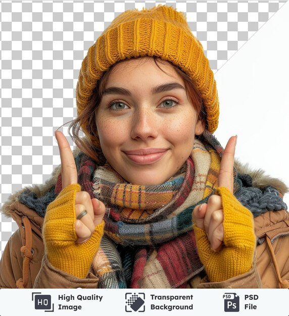 PSD transparente psd imagen retrato de elegante mujer muy sonriente con bufanda y sombrero amarillo de invierno señala sus dedos en el concepto de publicidad de espacio de copia