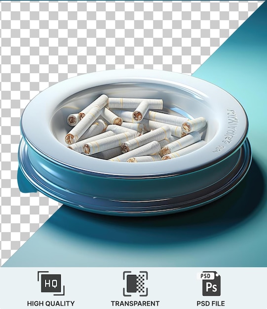 PSD transparente psd-zigaretten in einem plastikbehälter auf einem blauen tisch mit einem blauen schatten im hintergrund