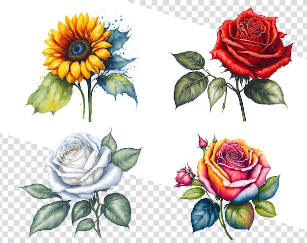 Transparente Sommerblüten, Aquarell-Rosen, Sonnenblumen und Wildblumen-Illustration