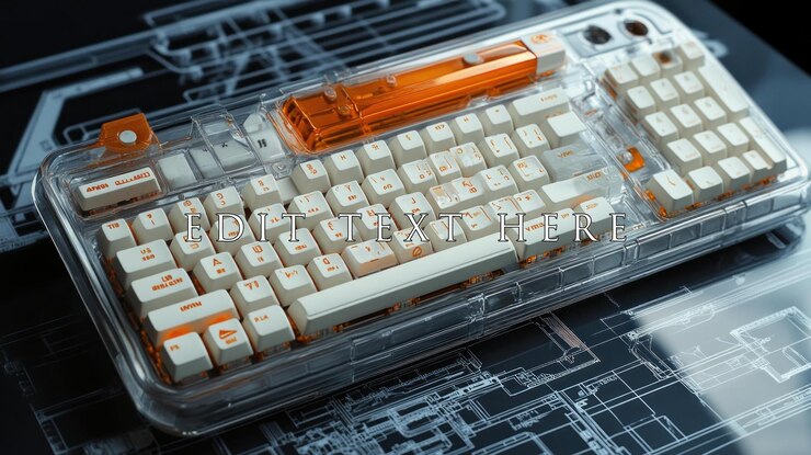 PSD transparente tastatur mit orangefarbenen akzenten auf der blaupause