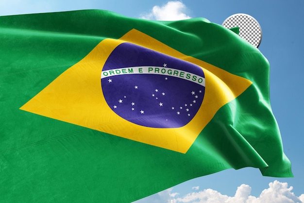 Transparente und realistische 3D-Brasilienflagge, die am Himmel weht