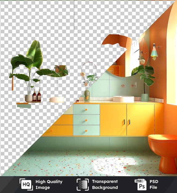 PSD transparenter hintergrund mit isoliertem gyutankino-badezimmer orange toilette weiße waschbecke grüne pflanze