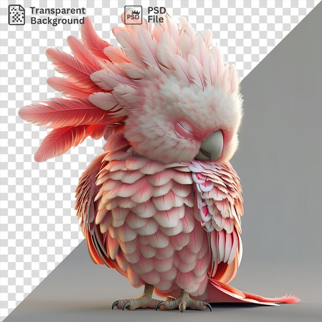 Transparenter hintergrund mit isolierter 3d-cartoon-galah, der seine federn schmückt, mit einem grauen schnabel, rosa und weißen federn und einem orangefarbenen fuß