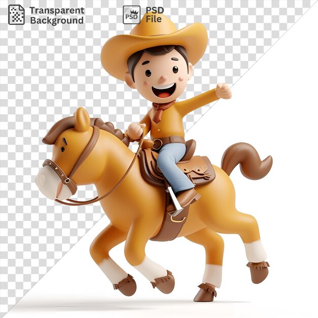 Transparenter hintergrund mit isolierter 3d-cowboy-cartoon, der auf einem wilden bronco bei einem rodeo reitet