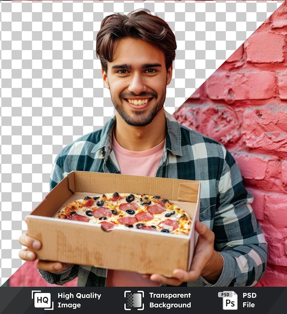 PSD transparenter hintergrund mit isolierter hübscher junger mann, der eine kiste mit frischer pizza hält
