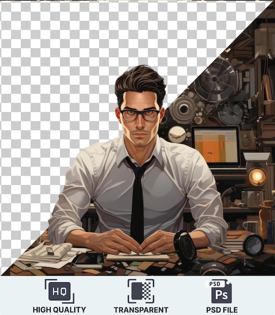 PSD transparenter hintergrund mit isolierter maßgeschneiderter grafischer roman-schöpfung ein mann in einem weißen hemd und schwarzer krawatte sitzt an einem braunen holzschreibtisch umgeben von einer runden weißen uhr schwarzen brille und ein