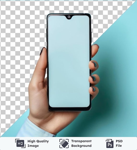 PSD transparenter hintergrund psd frau hält das schwarze smartphone mit leerem bildschirm und modernem rahmlosen design in zwei gedrehten perspektivepositionen