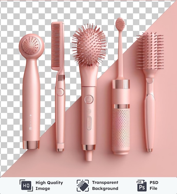 PSD transparenter hintergrund psd professionelles haarstyling-werkzeug-set mit einer silbernen pinsel und einer rosa pinsel auf einer rosa wand mit einem runden knopf im vordergrund