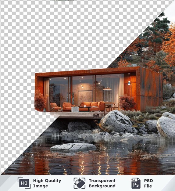 PSD transparenter hintergrundbild einer modernen blockhütte, umgeben von orangenbäumen, felsen und einem farbenfrohen